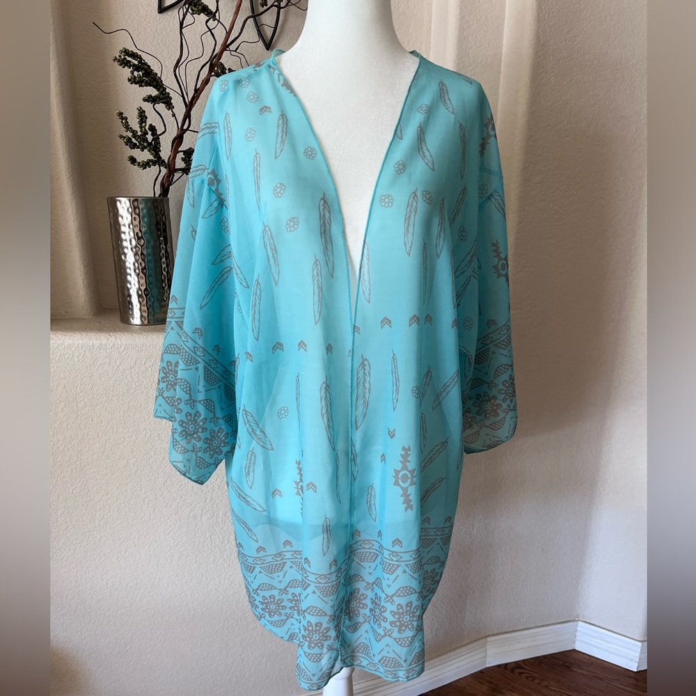 Sheer Turquoise Southwest Print Kimono Cover-Up Over Shirt One Size Unbranded